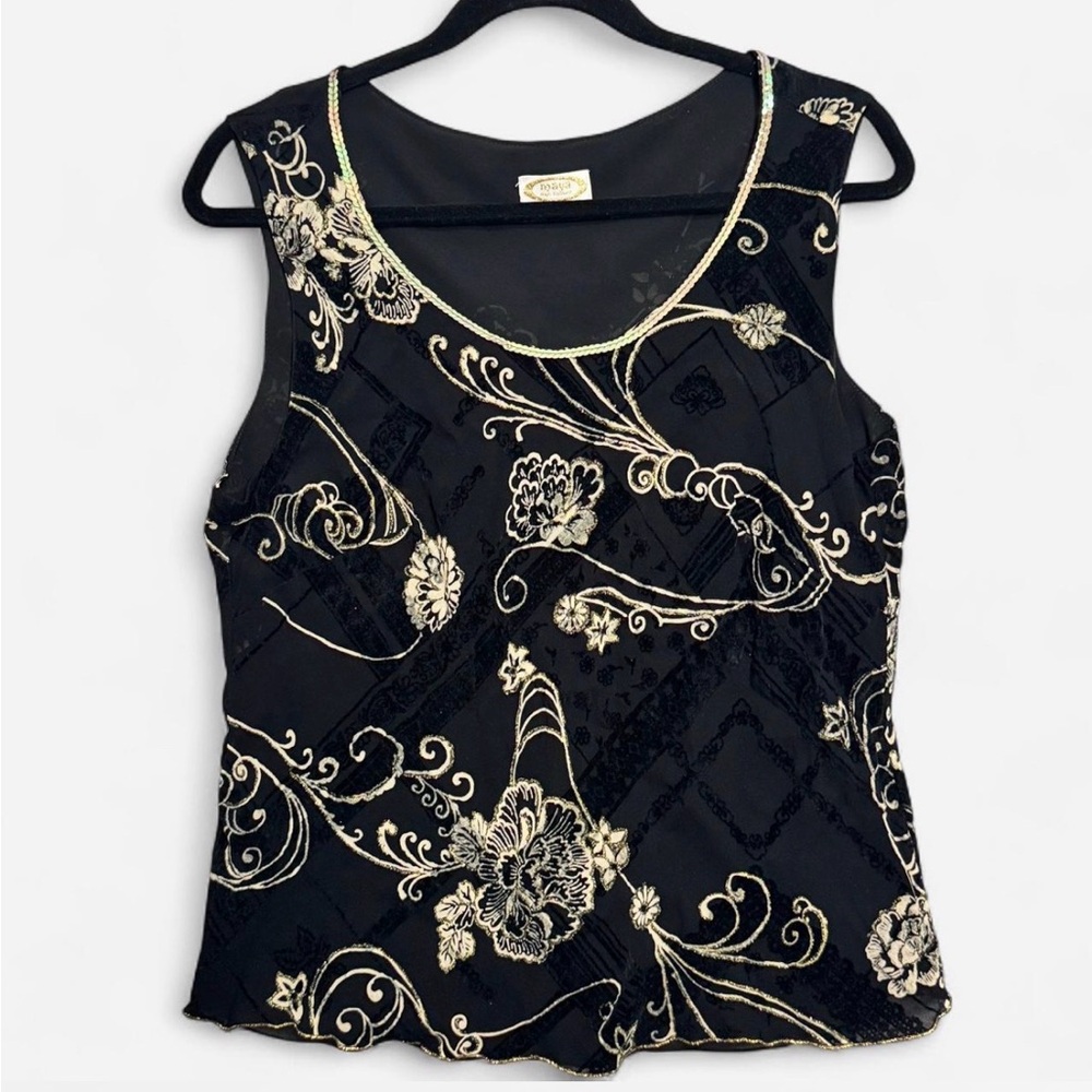 Maya Sheer Gold‎ Embroidery Velvet Burnout Y2K Evening Black Top Sz M Coquette
